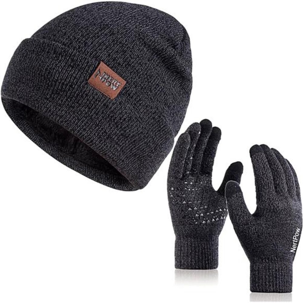 Winter 1-3 PCS Beanie Hat Gloves For Men And Women, Knit Fleece Lined Warm,Black